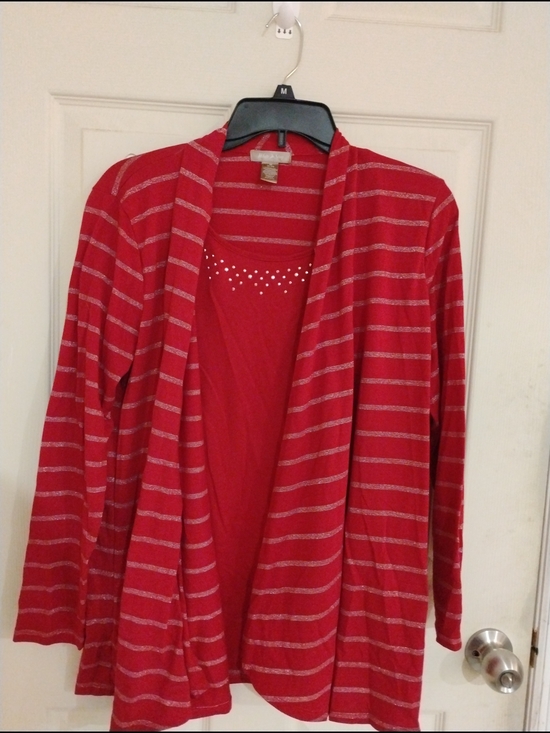 White Stag Sweaters - White Stag Red Tank With Built In Red Striped Open Cardigan with Silver Thread